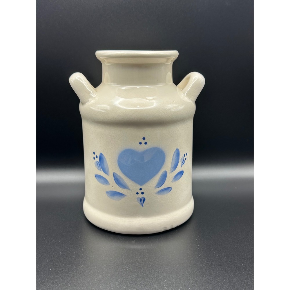Lasting Products Vintage Ceramic Milk Can Vase Hand Painted Blue Heart Farmhouse